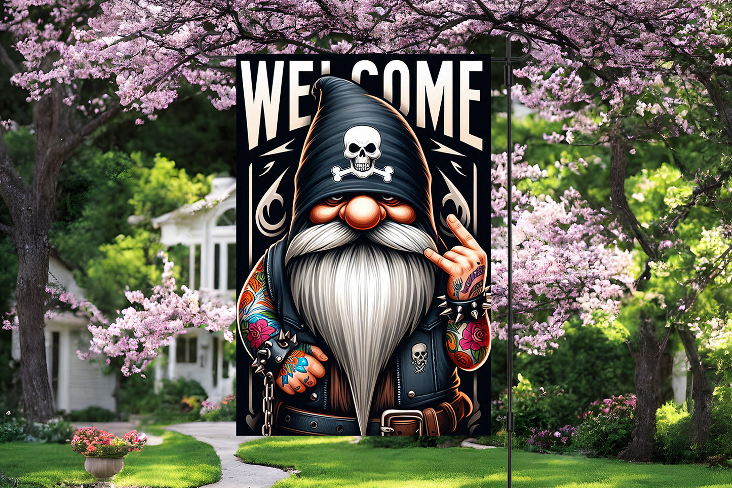 Badass Biker Gnome Garden Flag