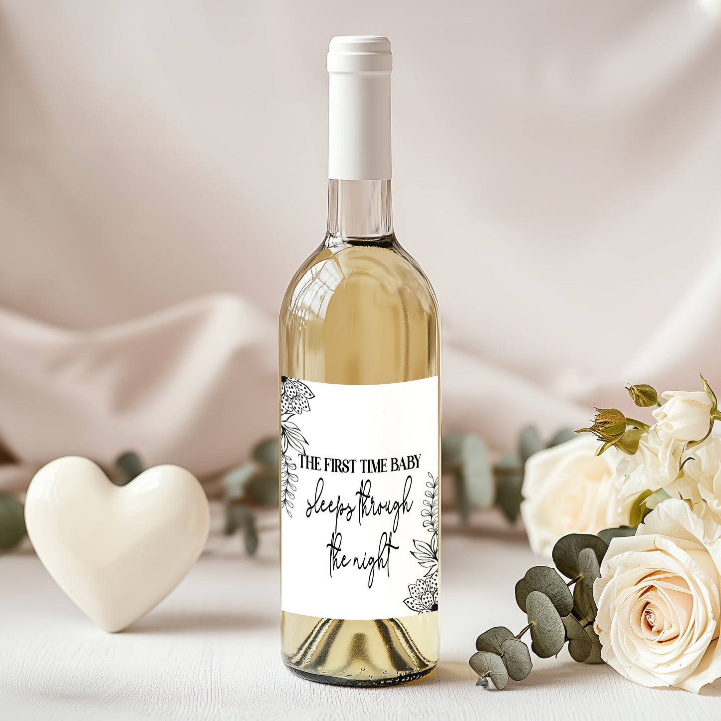 Black & White Floral Mommy Milestone Wine Bottle Labels