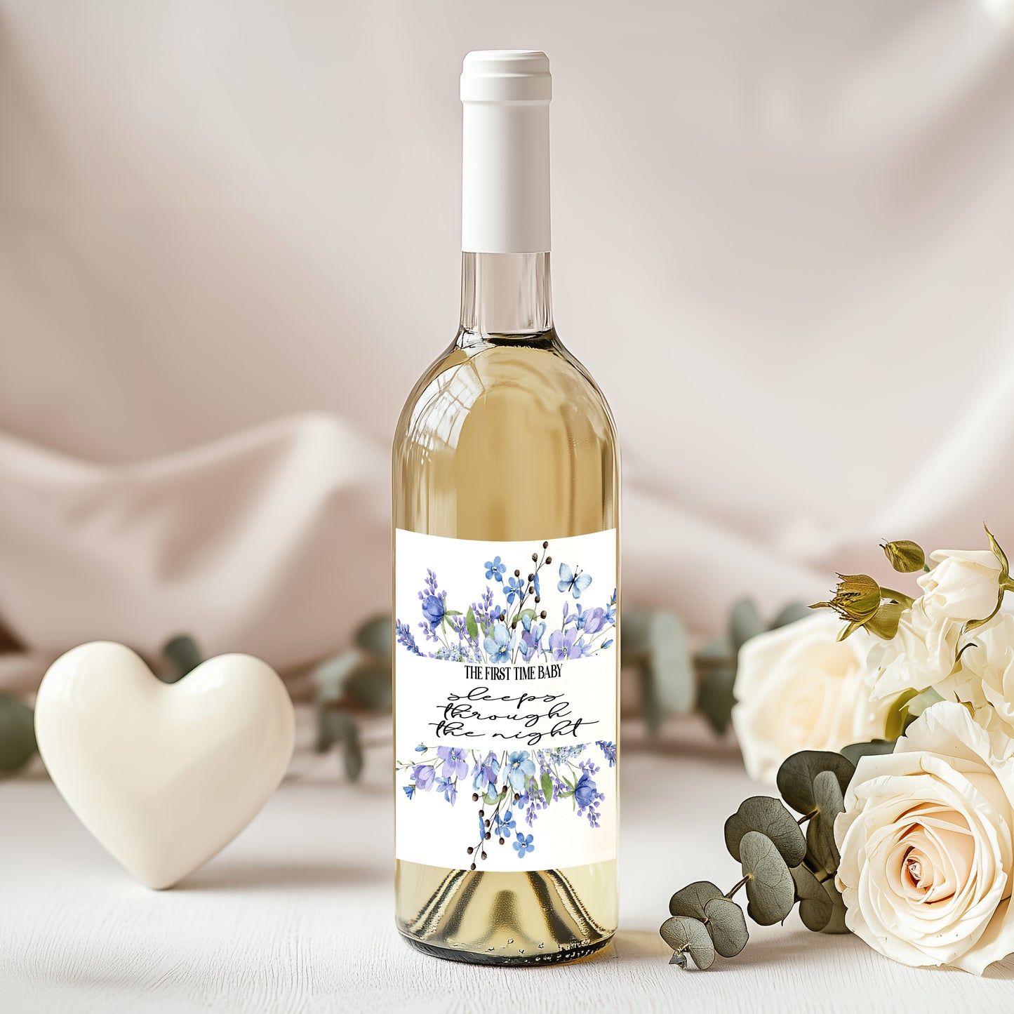 Blue Floral Mommy Milestone Wine Bottle Labels