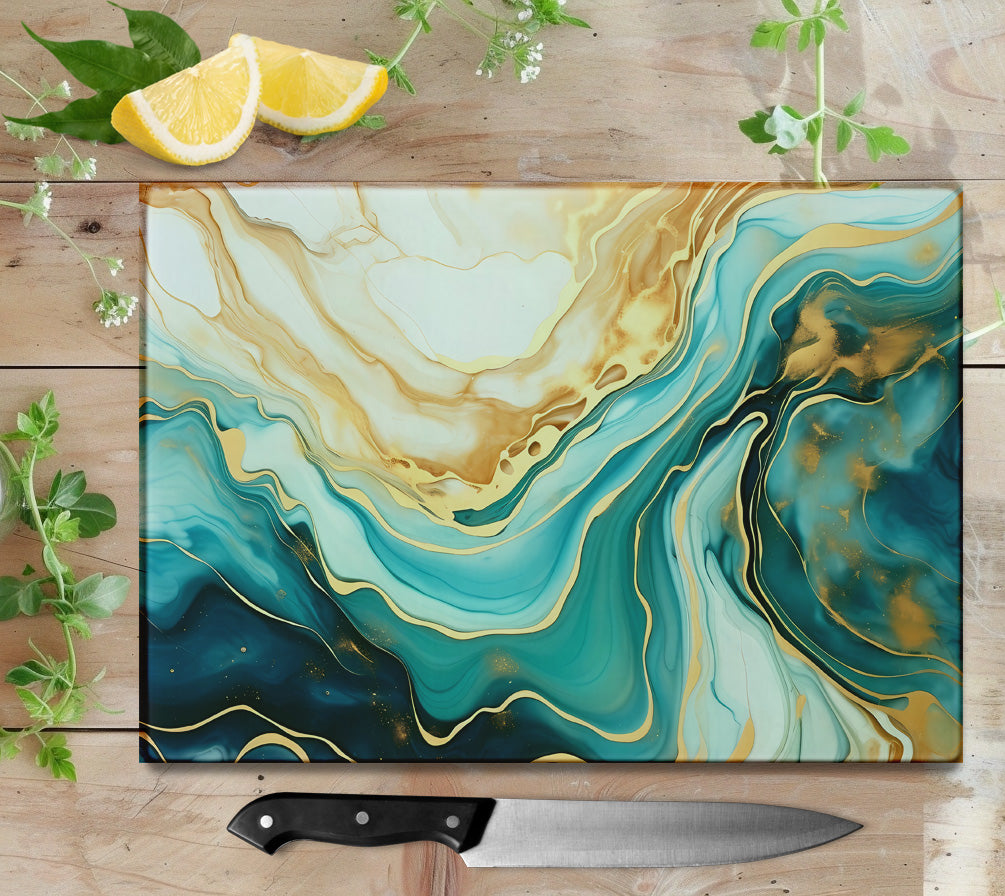 Blue and Gold Watercolor Glass Cutting Board