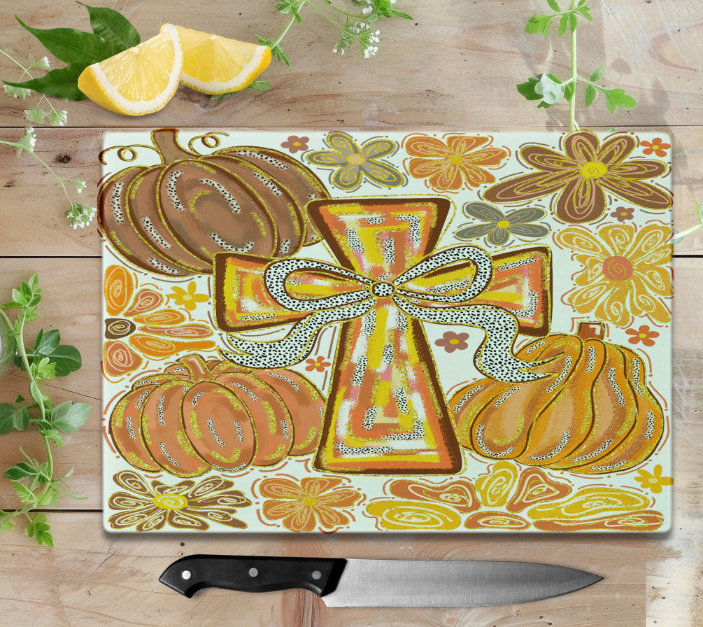 Boho Fall Cross Glass Cutting Board