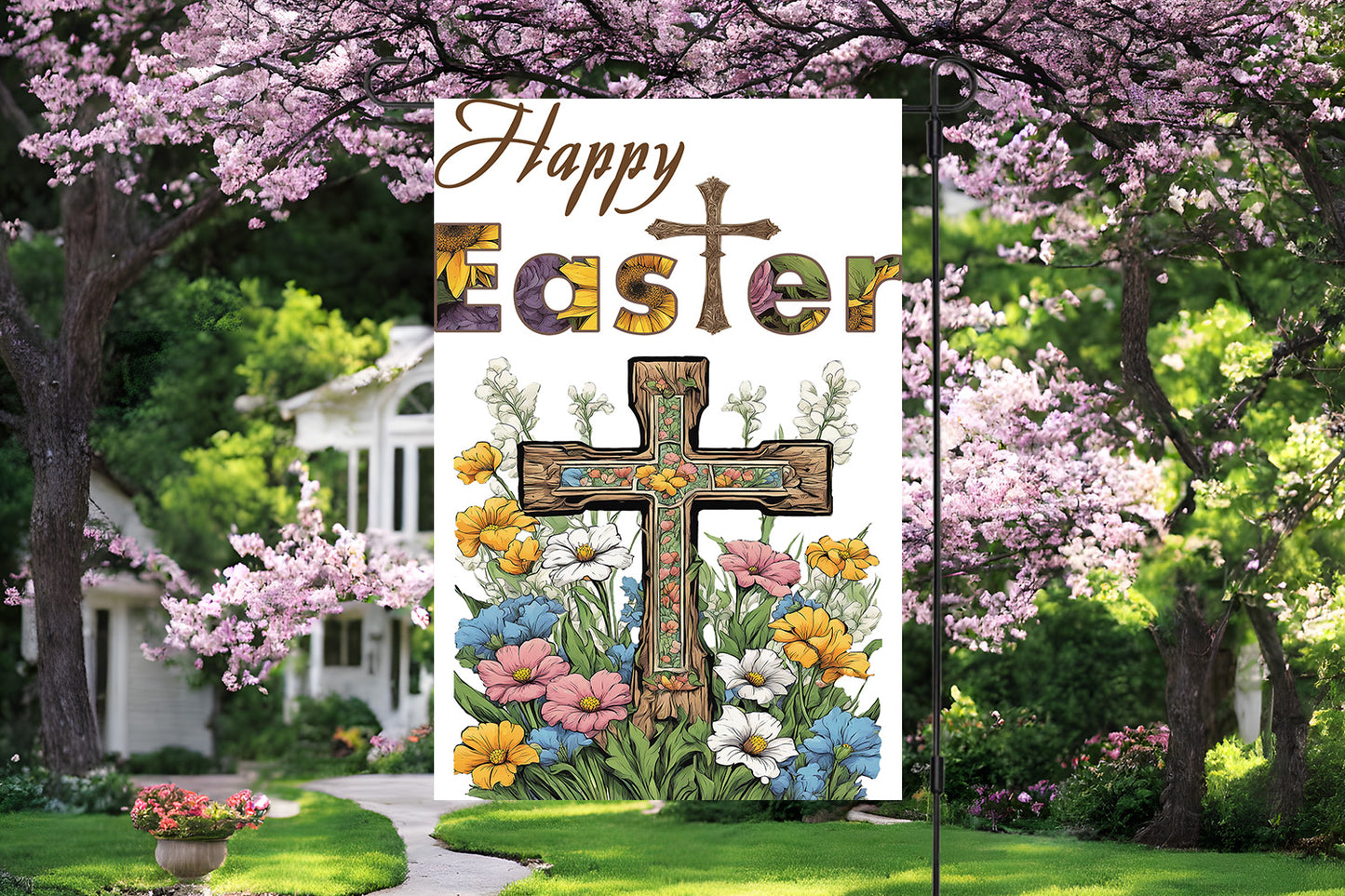 Happy Easter Cross Garden Flag
