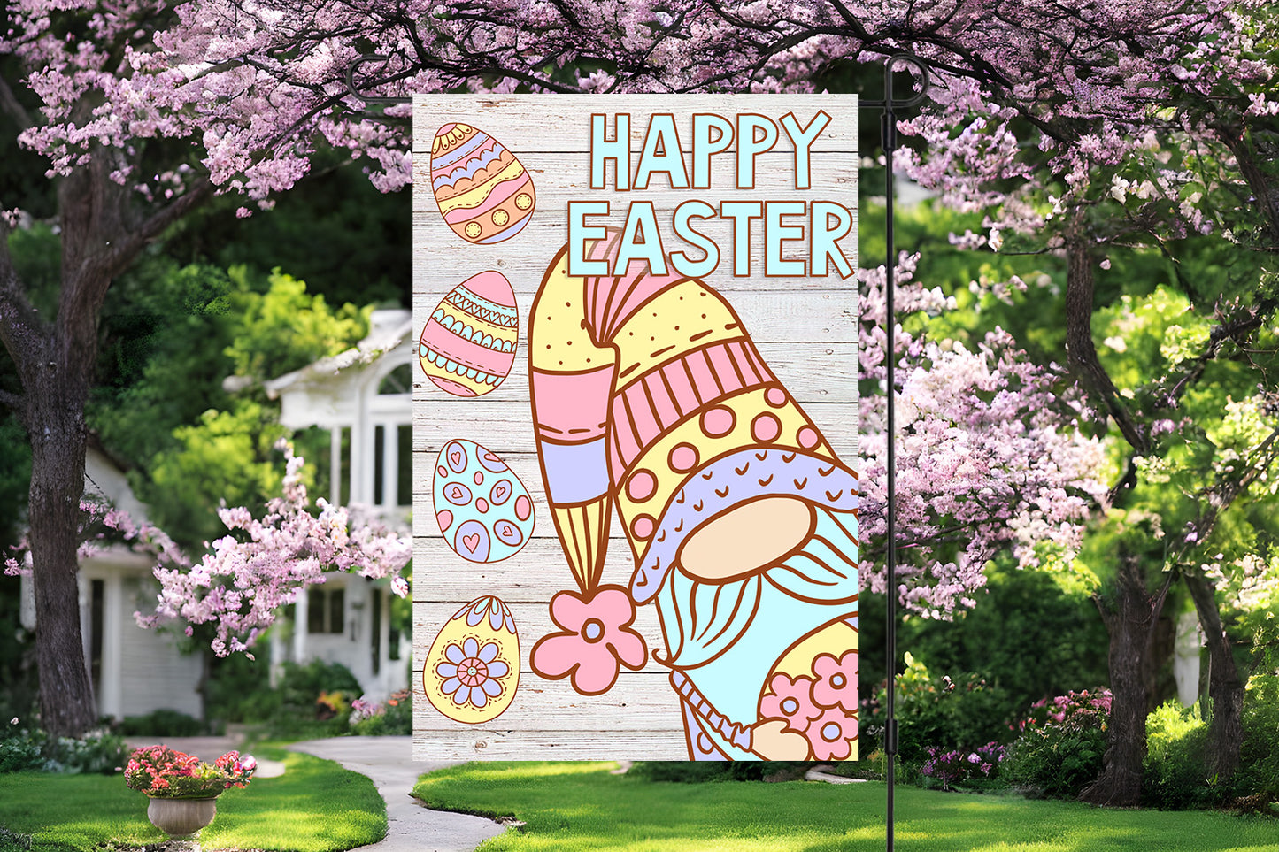Happy Easter - Gnome and Easter Eggs Garden Flag