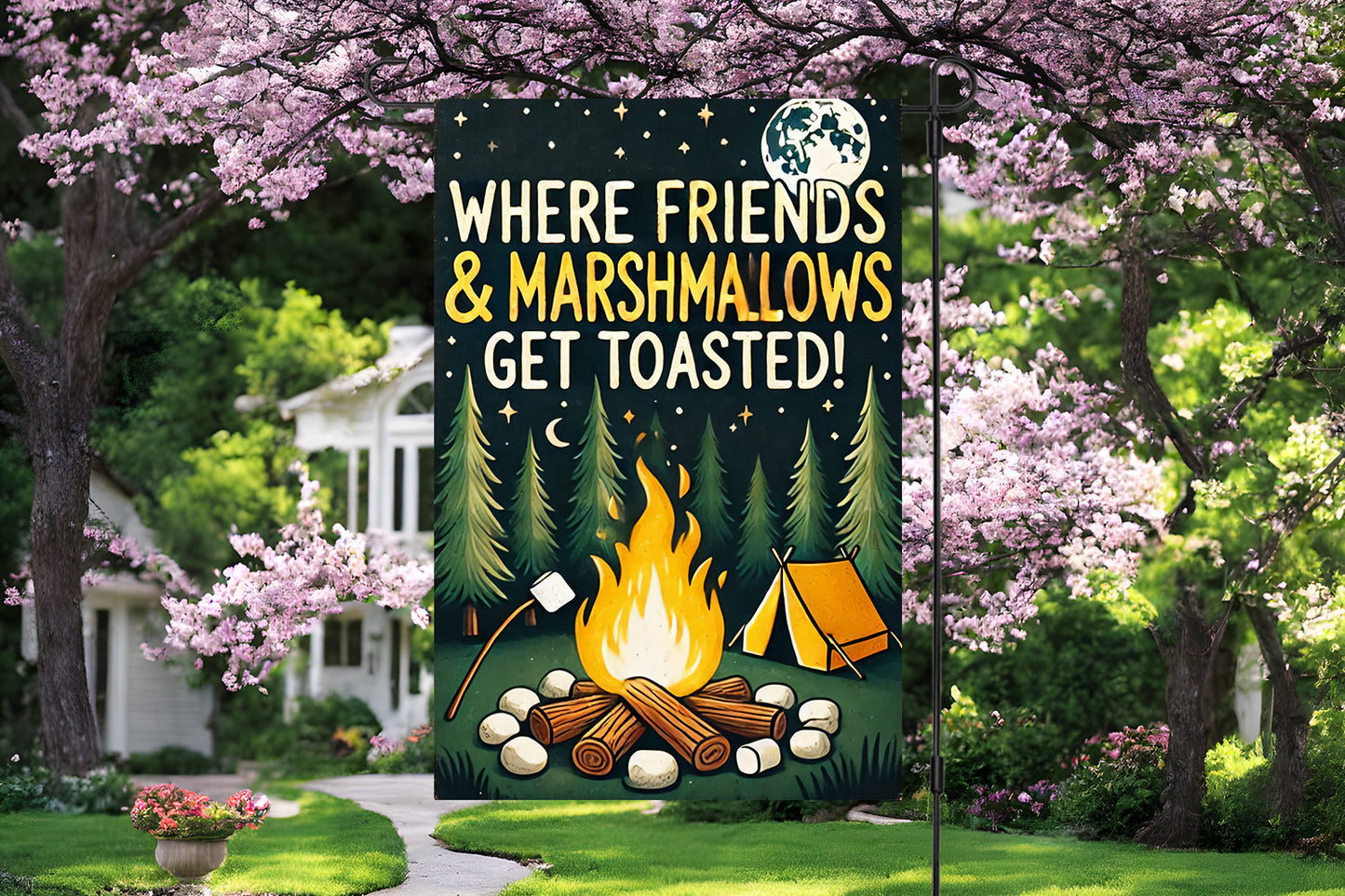 Where Marshmallows and Friends Get Toasted Garden Flag
