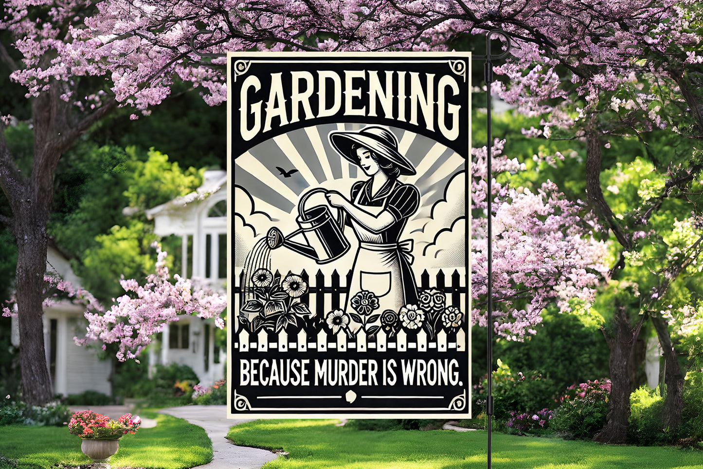 Gardening Because Murder is Wrong Garden Flag