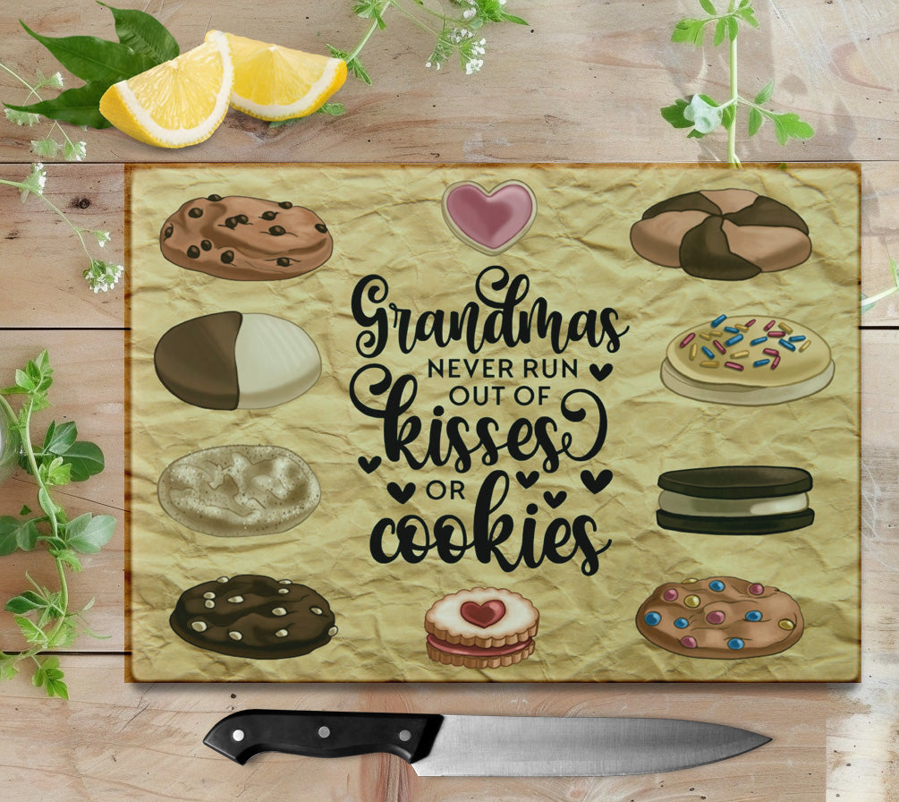 Grandma’s Never Runs Out of Kisses and Cookies Glass Cutting Board