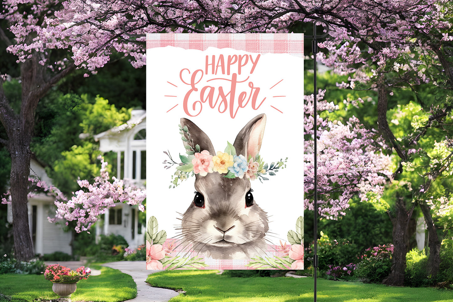 Happy Easter Bunny with Floral Crown Garden Flag