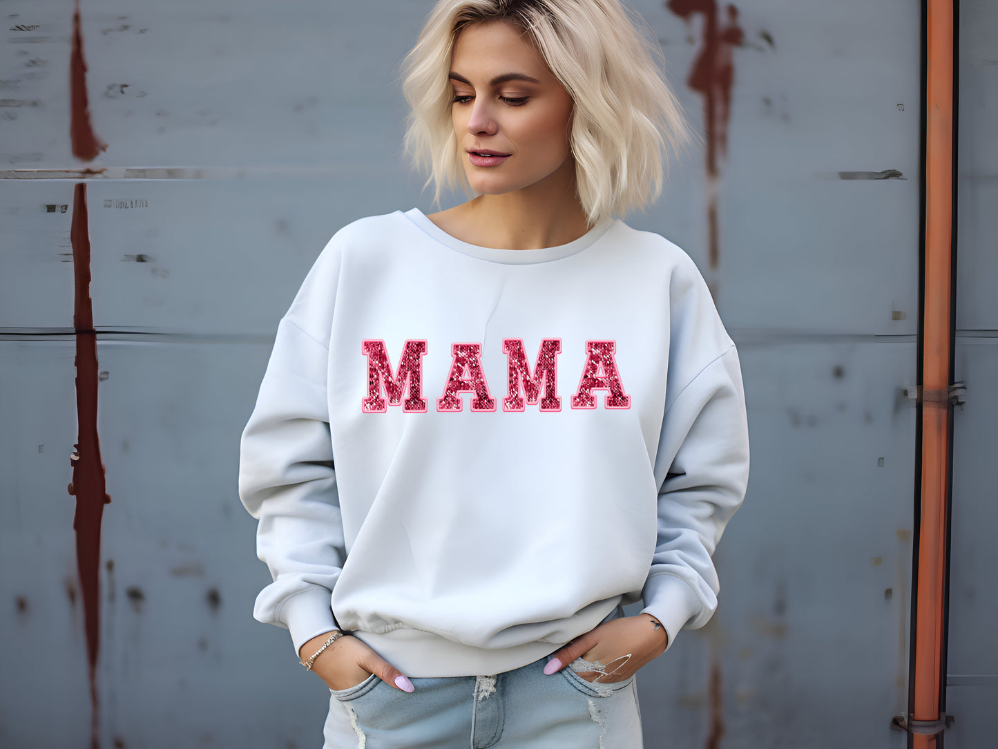 Stylish Faux Sequin MAMA Sweatshirt | Trendy Motherhood Apparel