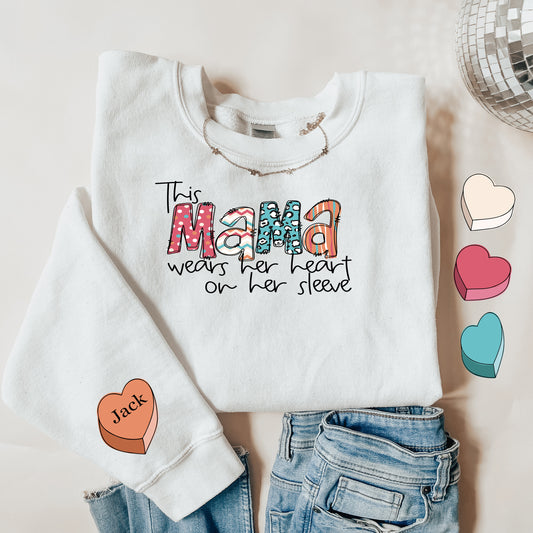 'Mama Wears Her Heart on Her Sleeve Conversation Hearts' Sweatshirt - Stylish Expression of Love