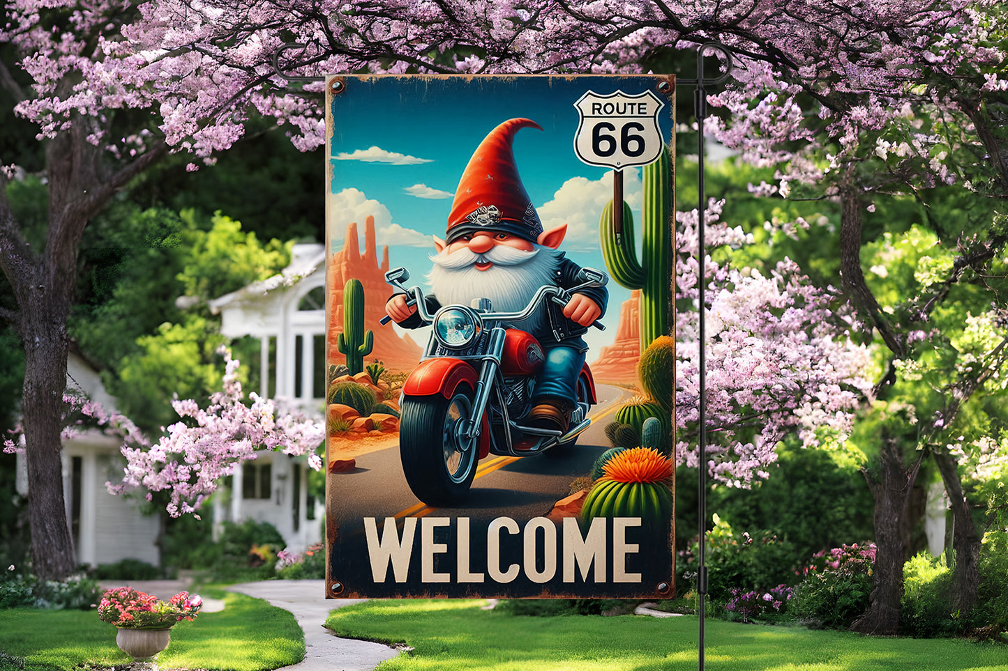 Motorcycle Gnome Garden Flag