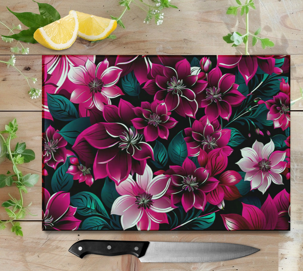 Purple Flowers Glass Cutting Board