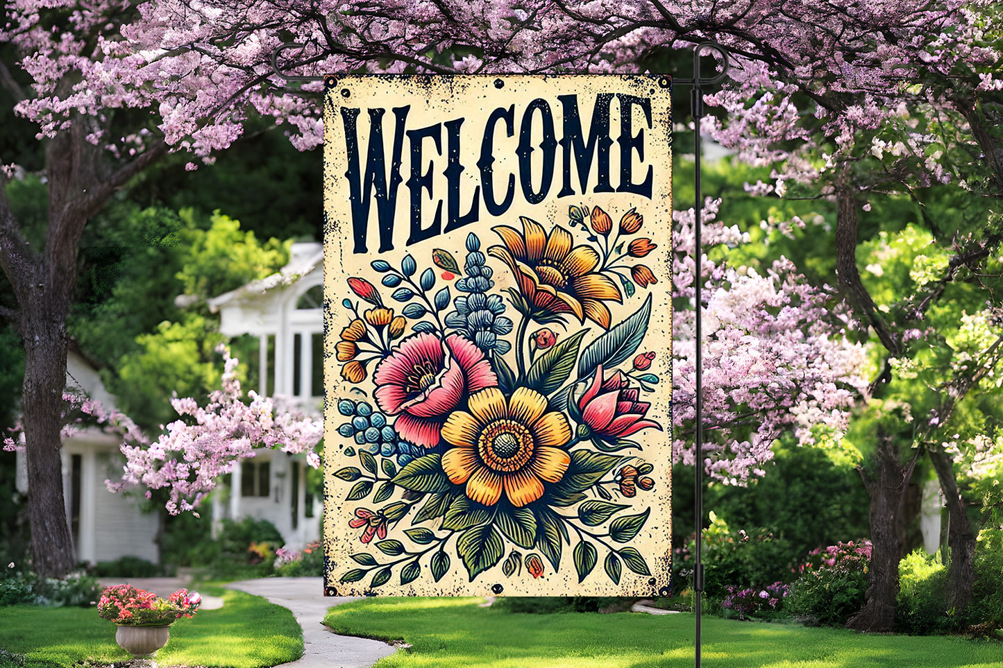 Rustic Floral Welcome Garden Flag