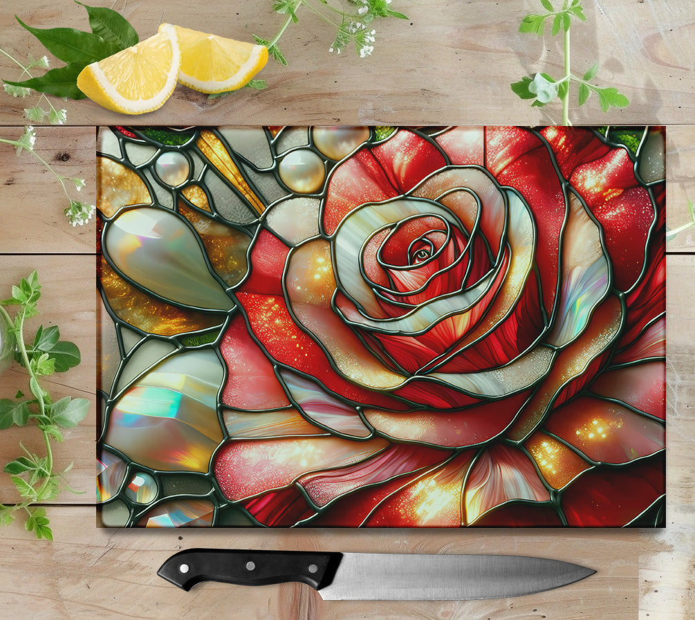 Stained Glass Rose Glass Cutting Board