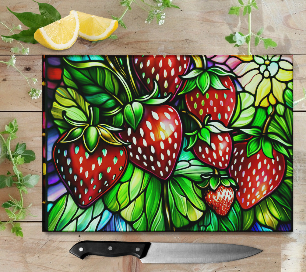 Stained Glass Strawberries Glass Cutting Board