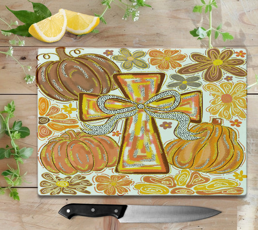 Boho Fall Cross Glass Cutting Board