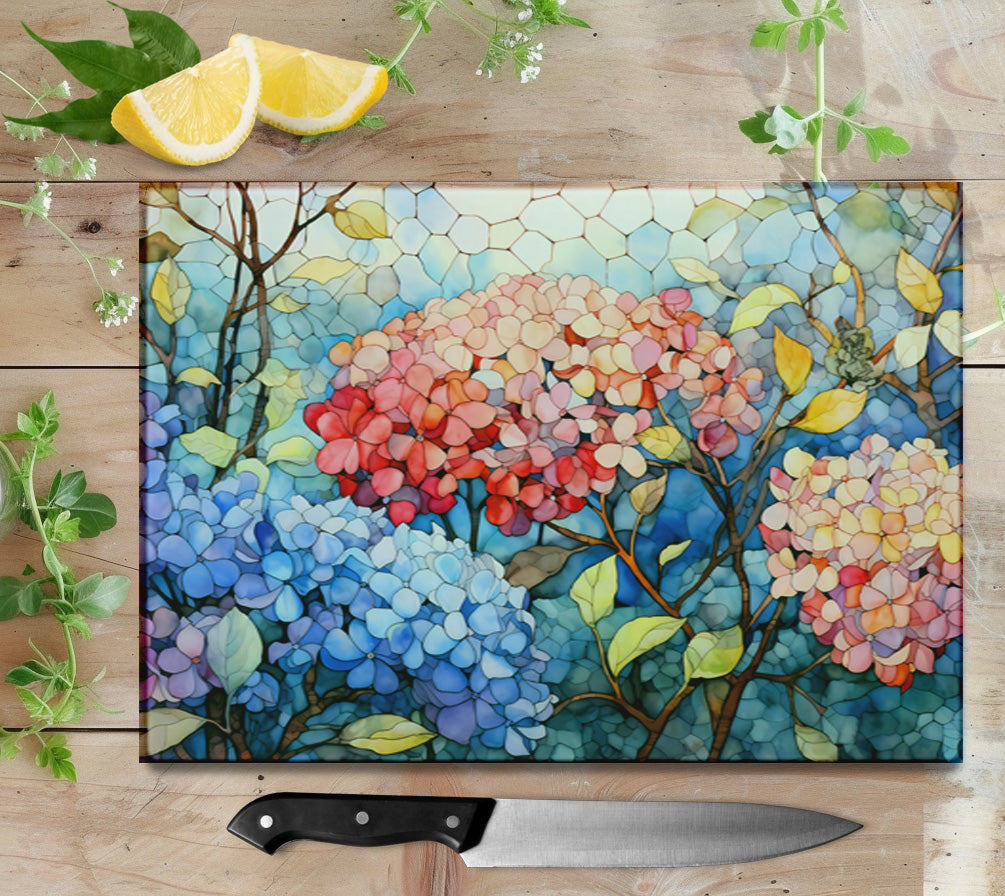 Hydrangeas Glass Cutting Board