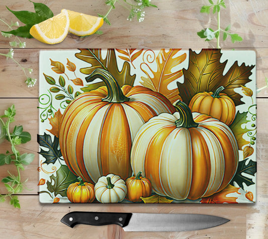 Orange & White Fall Pumpkins Glass Cutting Board