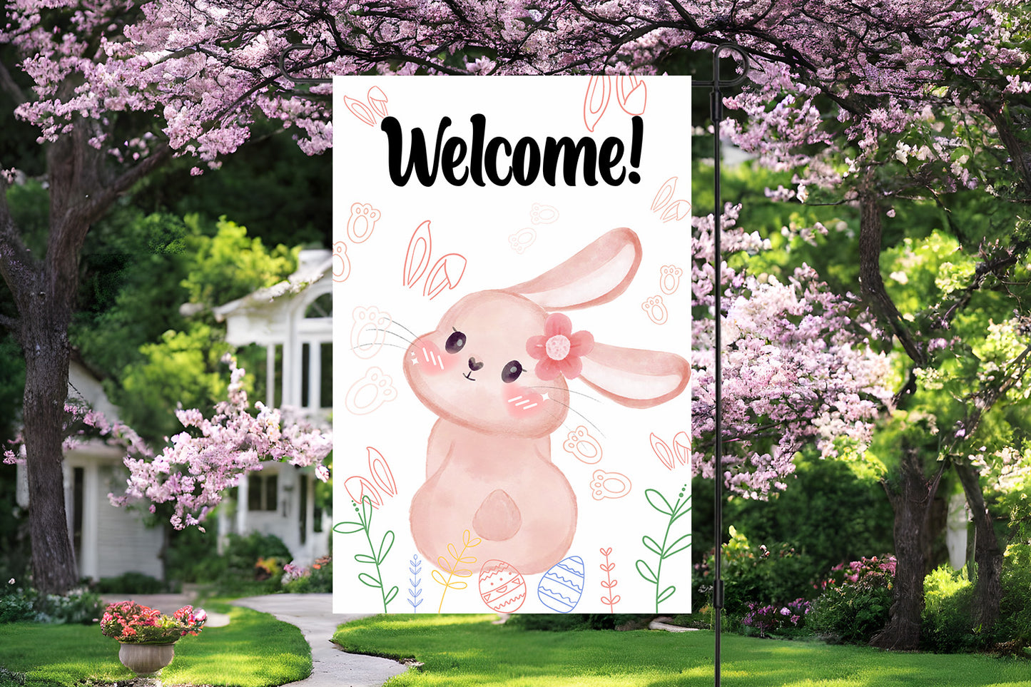 Pink Bunnies Welcome Garden Flag
