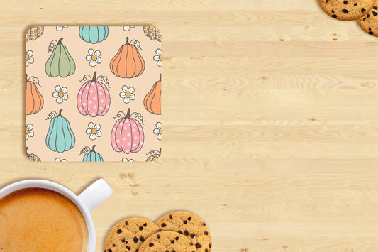 Hand-Drawn Pumpkin & Flowers Coaster Set