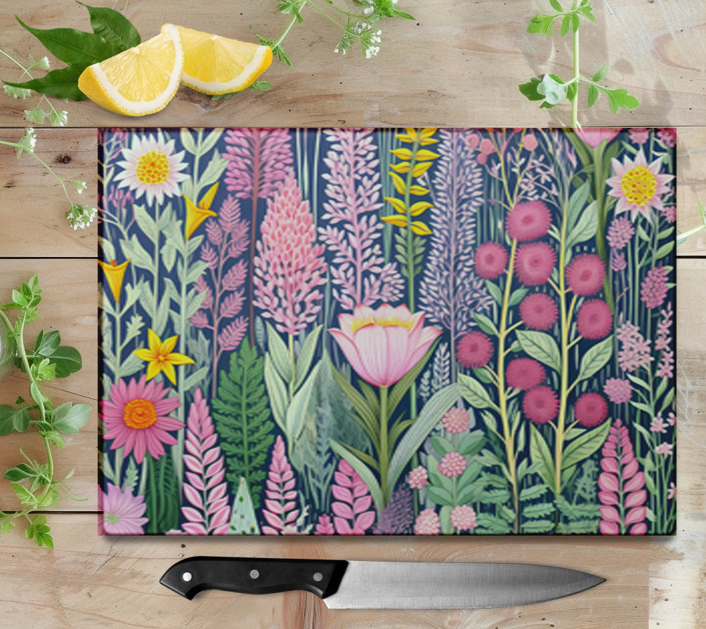 Purple Wildflowers Glass Cutting Board