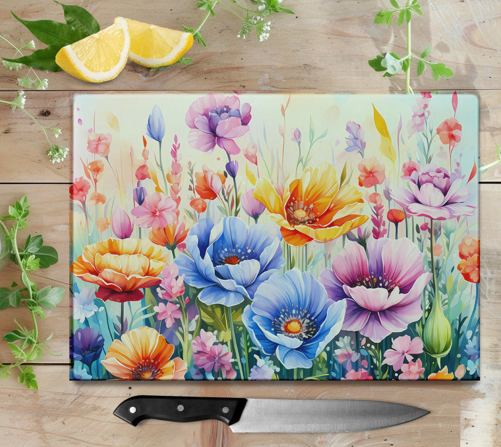 Spring Flowers Glass Cutting Board