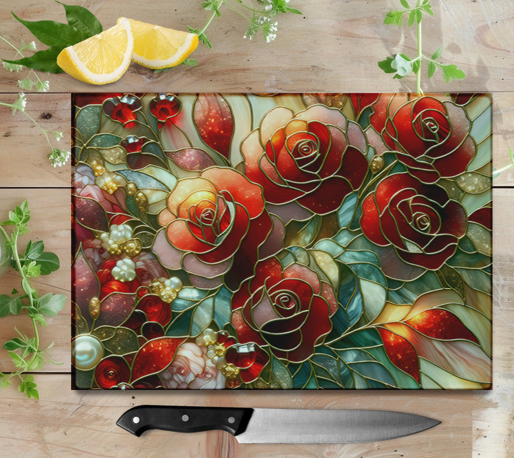 Stained Glass Roses Glass Cutting Board