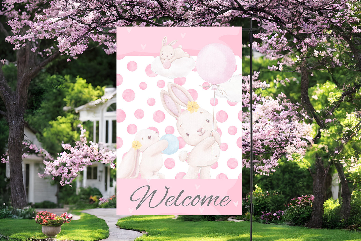 Pink Bunny Garden Flag